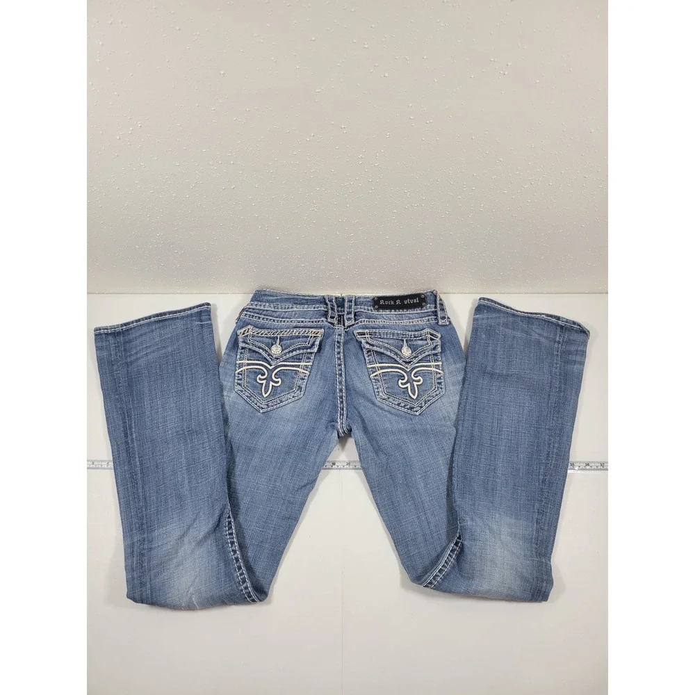 Rock Revival Bianca Bootcut Jeans‎ Womens 28 Blue Excellent Fleur-De-Lis Stitch
